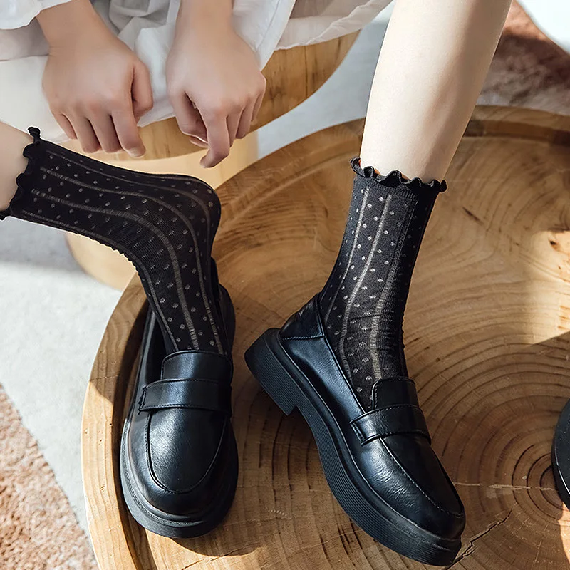 

Милые женские кружевные носки JK в японском стиле, черные, белые длинные носки в стиле «лолита», ультратонкие прозрачные летние сетчатые носки в стиле Харадзюку