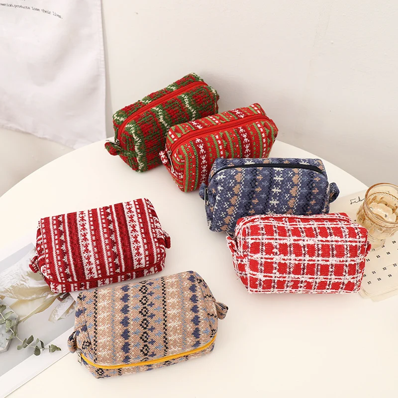 

Large Capacity Women Lady Cosmetic Bag Students New Year's Pencil Bags Christmas Red Color Wool Makeup Storage Bags Gifts