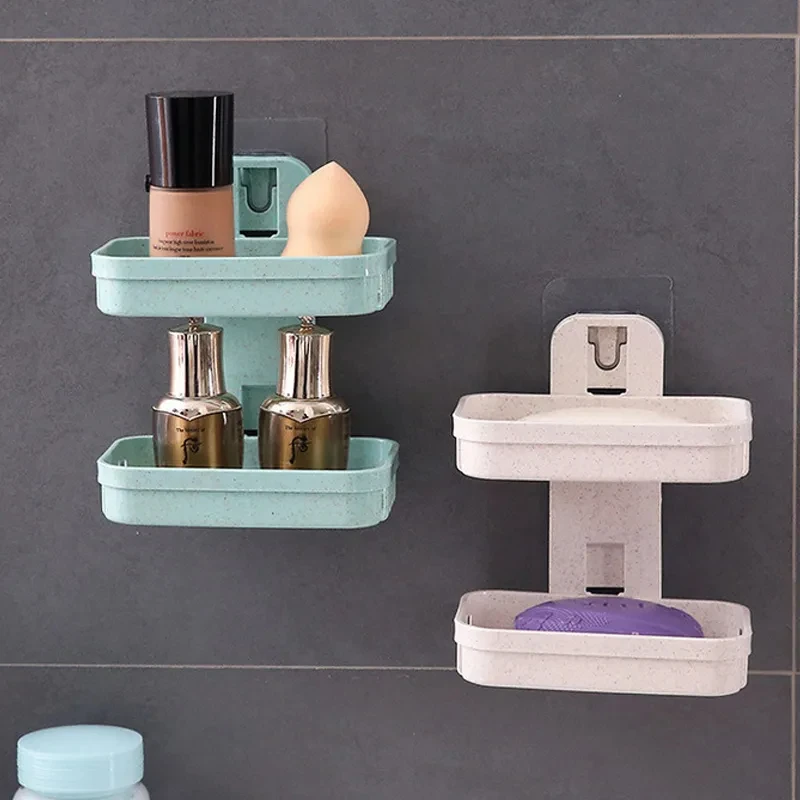

2023Bathroom Suction Cup Soap Dishes Plastic Holders Storage Double Racks single Wall-mounted Double-deck Creative Drainage Soap