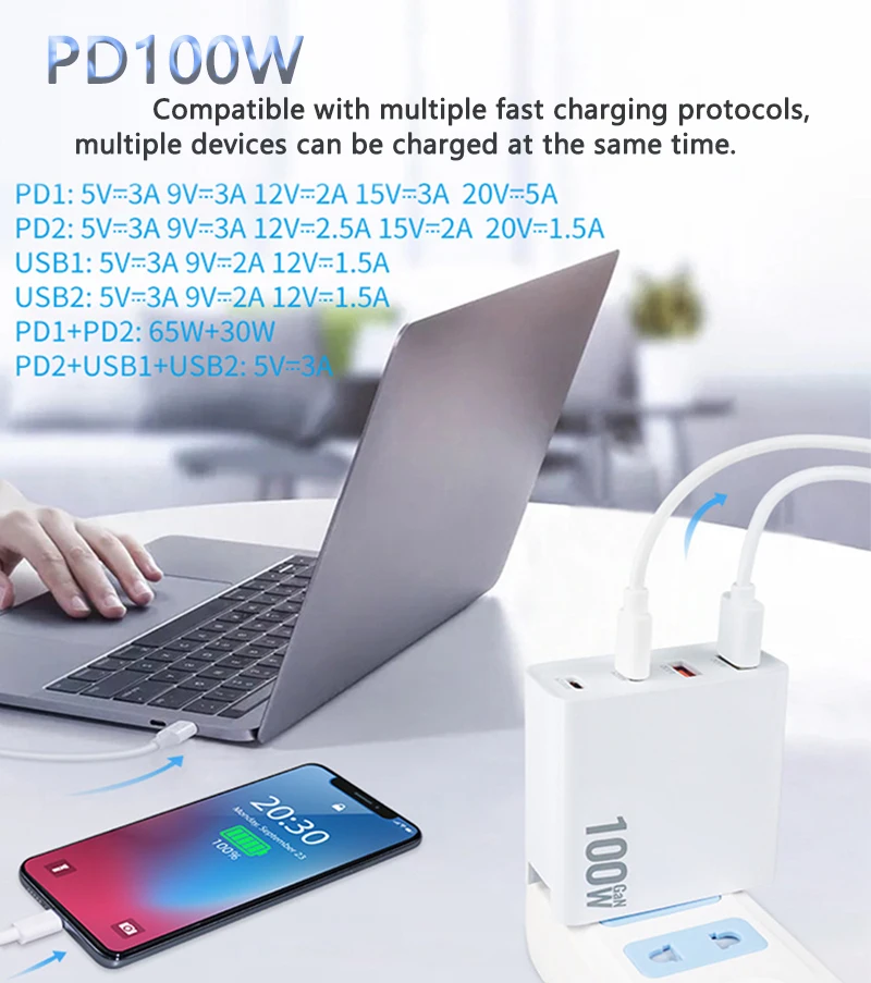 100W GaN Charger Convertible Plug Folding Pin QC3.0 USB-A and Dual PD for Notebook or Mobile Phone High Power Fast Charge