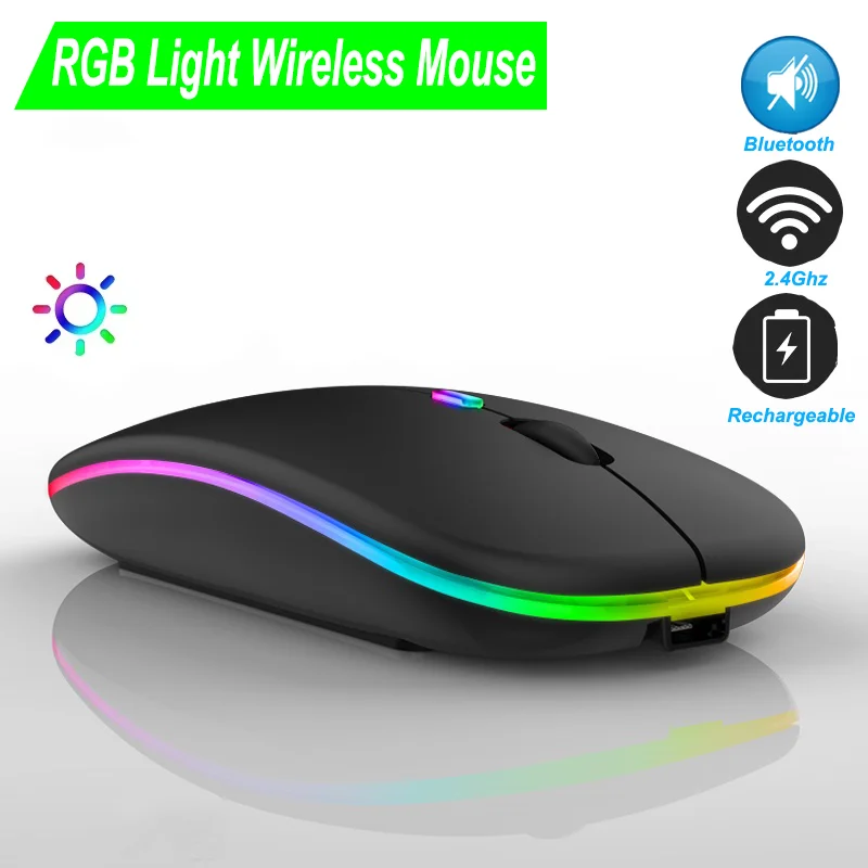 

Wireless Rechargeable Mouse 2.4G Bluetooth Dual-mode Computer Mouse Gamer Ultra-thin Ergonomic Silent Mice with RGB Light For PC