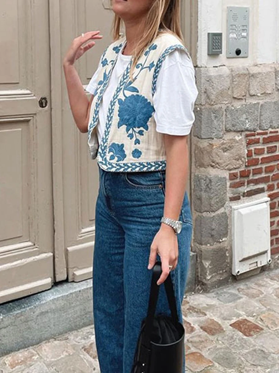 Весна 2024 Женский Повседневный жилет куртка без рукавов с вышивкой спереди