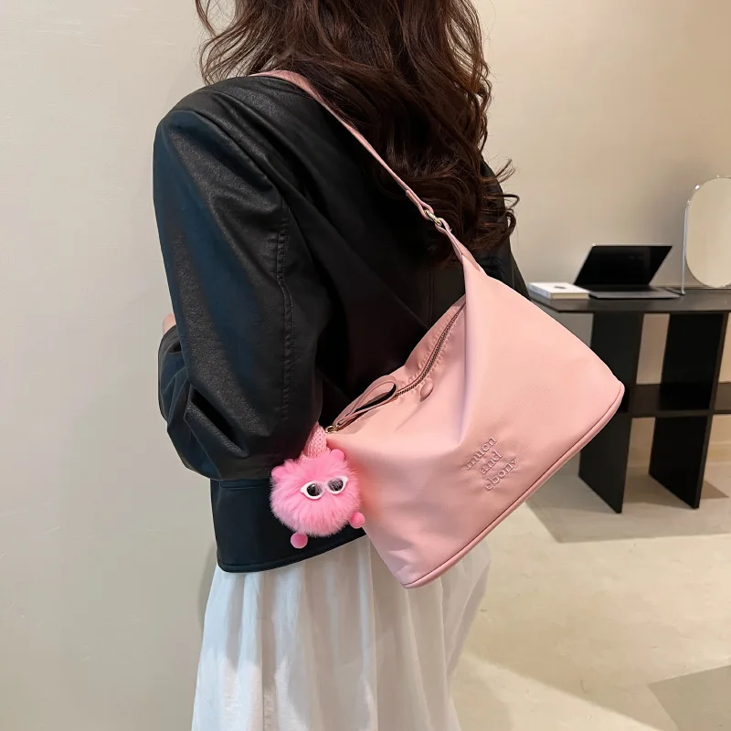 Textured Embroidered Trendy Letter Underarm Bags Casual Simple Solid Color Nylon Single Shoulder Bag Commuting Versatile Satchel