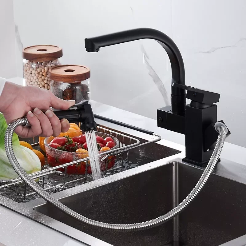 

kitchen Sink Faucet Black Deck Mounted Flexible Pull Out Mixer Tap Hot Cold Kitchen Faucet Spring Spout Chrome Silver Faucet