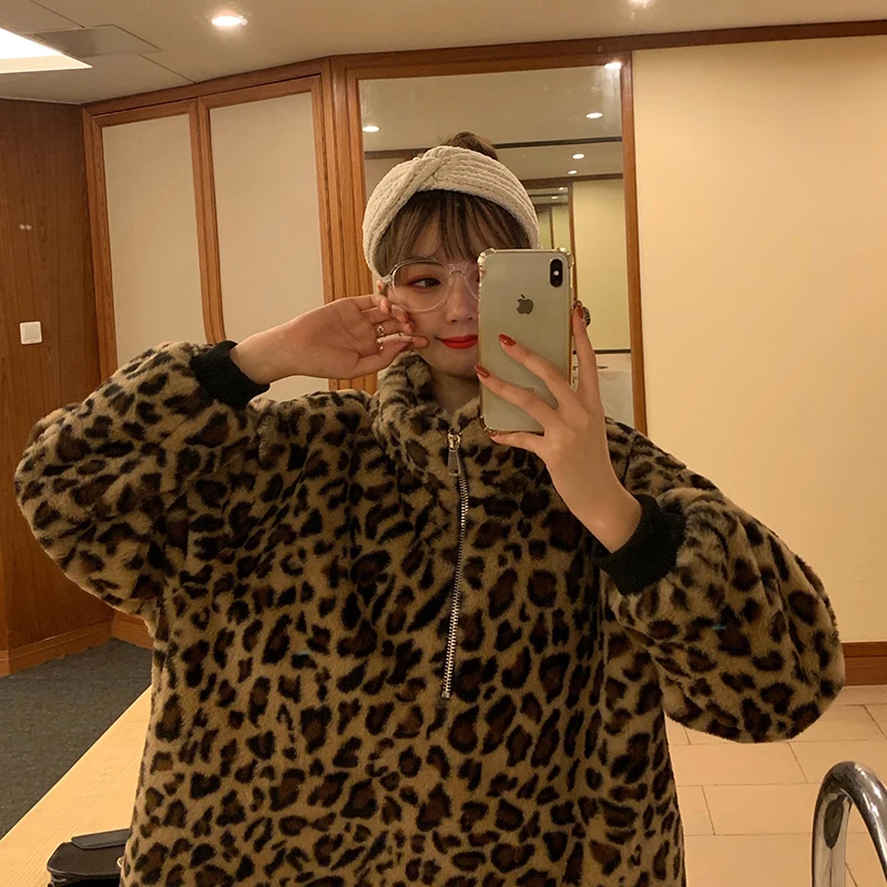 

2022 зимний свободный ретро пуловер с плюшевой подкладкой и леопардовым принтом, Женский бархатный теплый жакет