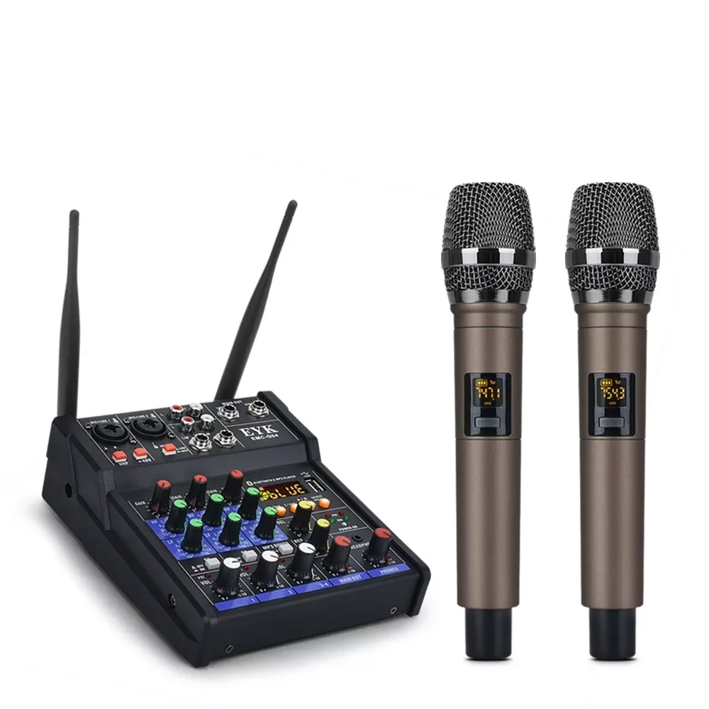 

Audio Mixer Build-in UHF Wireless Mics 4 Channels Mixing Console with Bluetooth USB Effect for DJ Karaoke PC Guitar