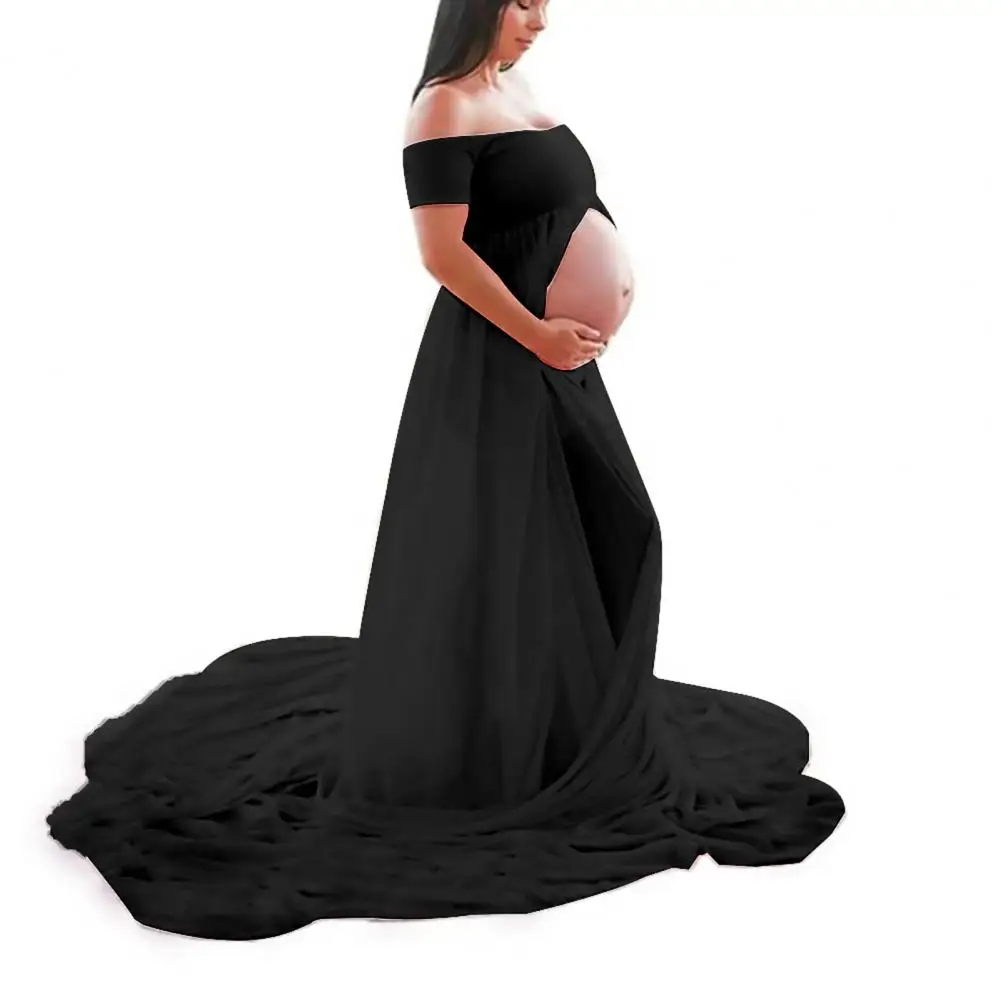 

Pregnant Women Dress Solid Color Front Slit Off Shoulder Floor-Length Pregnant Princess Photo Props