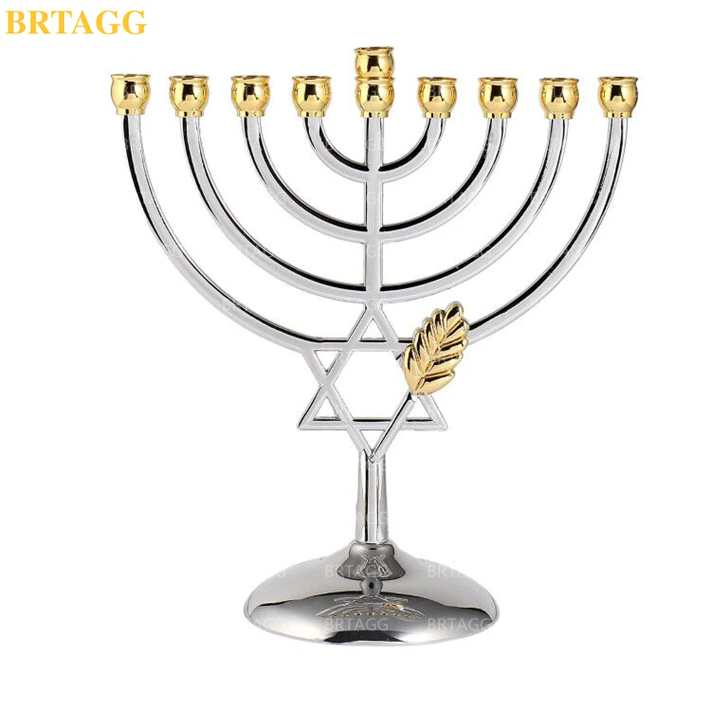 BRTAGG Hanukkah Menorah Silver Color Full Size Non Tarnish - Jewish 9 Branch Chanukah Candlestick Jewish Candle Holders