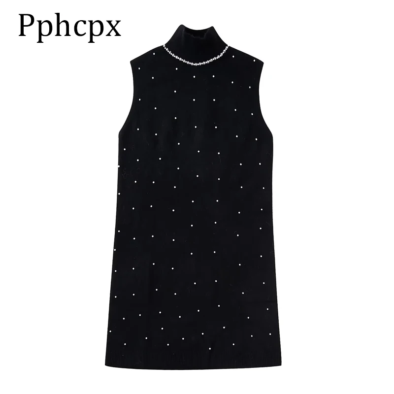 

Pphcpx Winter Dresses for Women 2022 Black Knit Dress Female Sleeveless with Pearl Slim Mini Dress Ladies Vintage Party Dresses