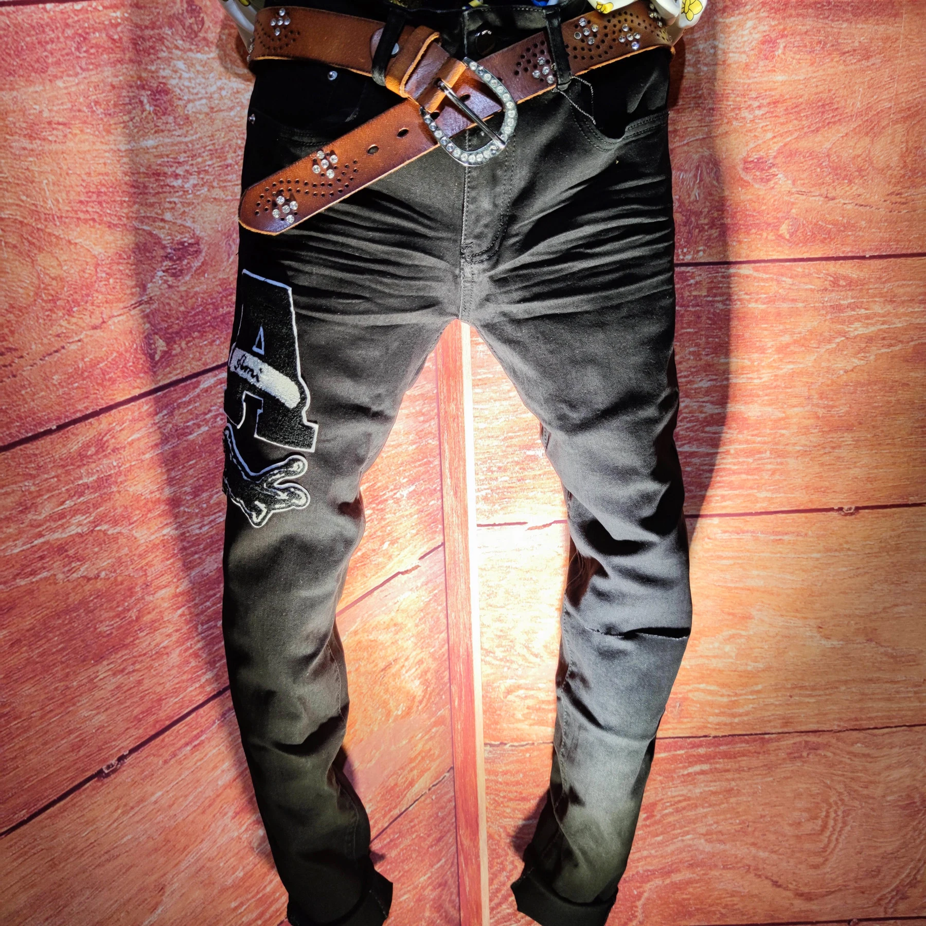

Trendy Brand Jeans Hip Hop Graphic Jeans Men High Street Flocking Letter Animal Jeans Men's Black Stretch Denim Motorcycle Pants