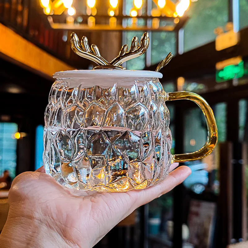 

Women's glass water cup with lid spoon Heat resistant high temperature resistant domestic coffee cup Office tea cup