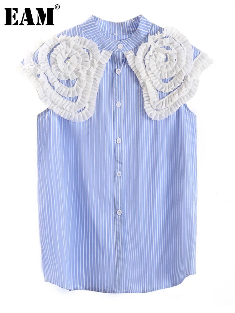 

[EAM] Women Blue Striped Ruffles Flower Elegant Blouse New Stand Collar Sleeveless Loose Fit Shirt Fashion Spring Summer 2022