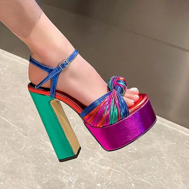 

Colorful Rainbow Blue Purple Orange Sliver Leather Bow Ties Platform Summer Sandals Woman 145 mm Square Heels Waterproof Shoes