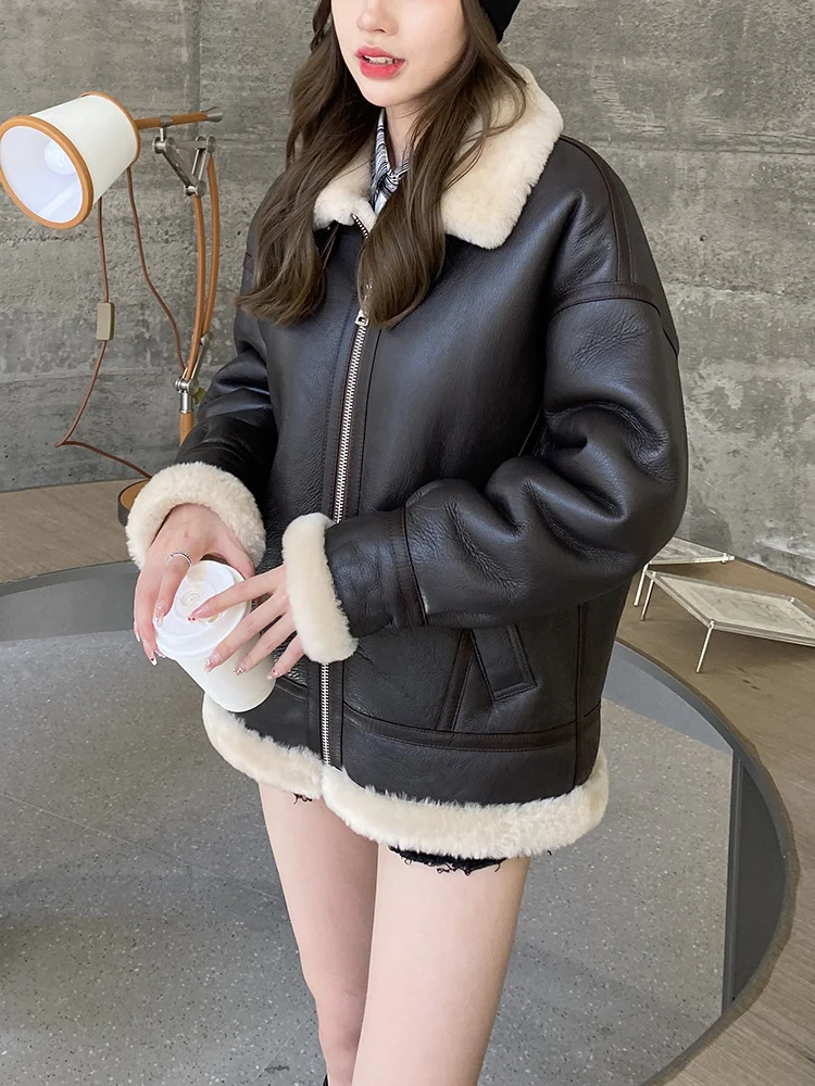 

Luxury Merino Sheep Winter Jacket Women Thickened Warm High-end Lambswool Motorcycle Genuine Leather Real Fur Coats Female