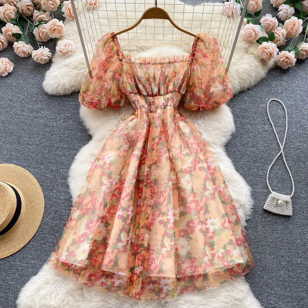 

Small Fresh Literary Fan Skirt Mesh Chiffon First Love Dress 2022 Summer New Floral High Waist Sweet And Cute Little Fairy Skirt