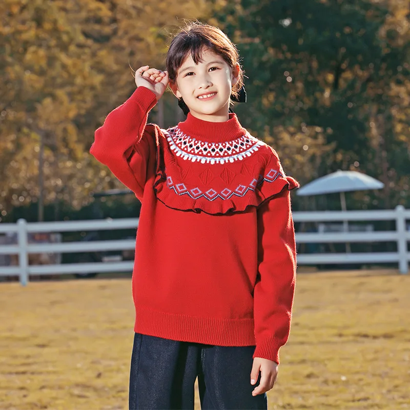 

girls' knitted sweater pullover jacquard children's vintage sweater 2023 spring new middle and large children's sweater