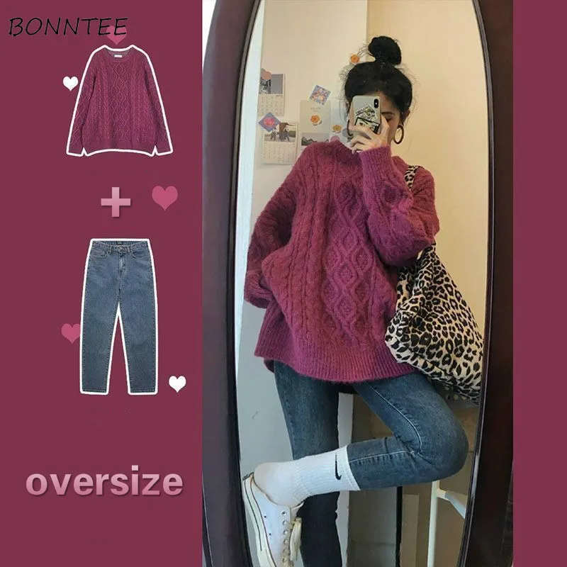 

Женский комплект из двух предметов, свободный уютный свитер, простые шикарные джинсы с круглым вырезом, в Корейском стиле, для студентов, модные женские комплекты Ulzzang