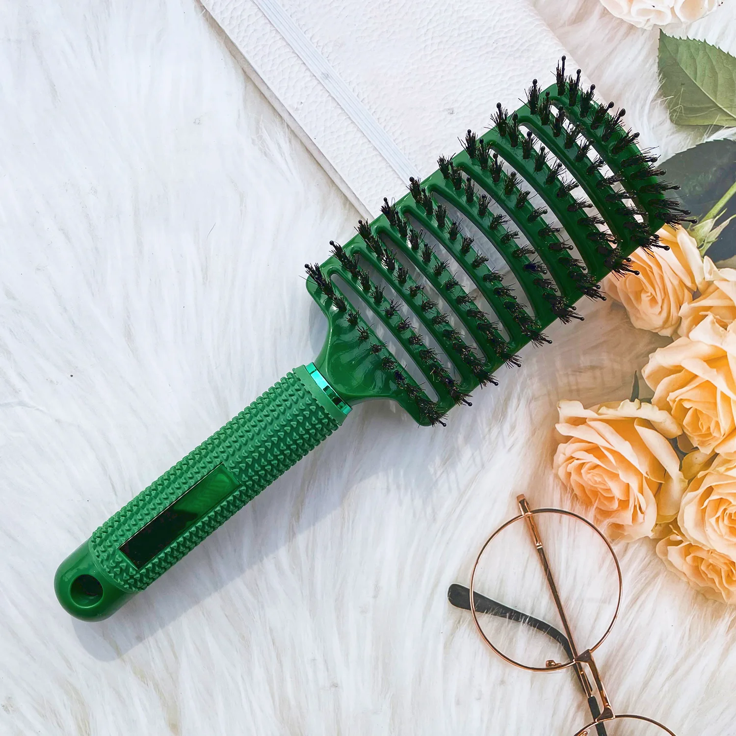 

Emerald Vent Curved Detangling Comb Nylon Wild Boar Bristle Brushes Woman Massage Long Curly Hair Brush Anti-static Hairdressing