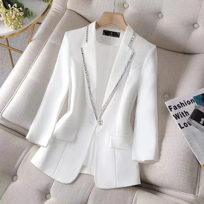 Diamond-Encrusted Blazer 2022 Spring And Summer New Three-Quarter Sleeve White Jacket Design sense Niche Fashion Cardigan Lad