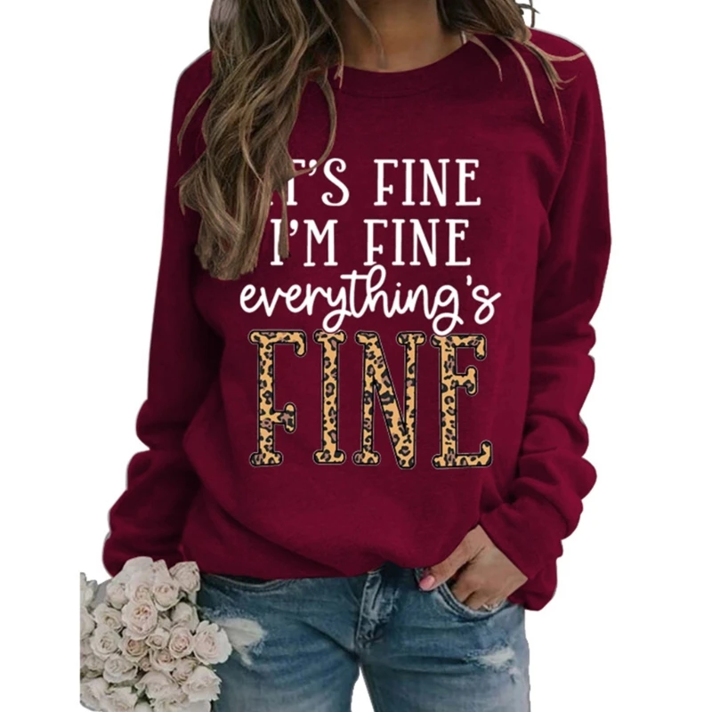 

Y5GC Women Its Fine Everything Fine Funny Sweatshirt Long Sleeve Leopard Letter Crewneck Casual Pullover Top Shirt Streetwear