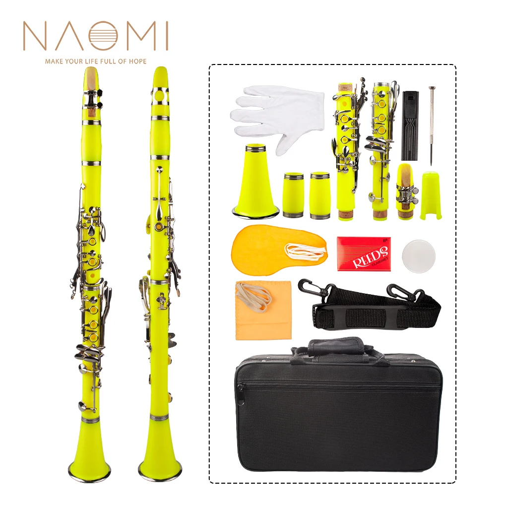 NAOMI Professional Bb Clarinet ABS Clarinet Cupronickel Plated Nickel 17-Key Kit W/ Clarinet+Reeds+Strap+Case+Components Yellow