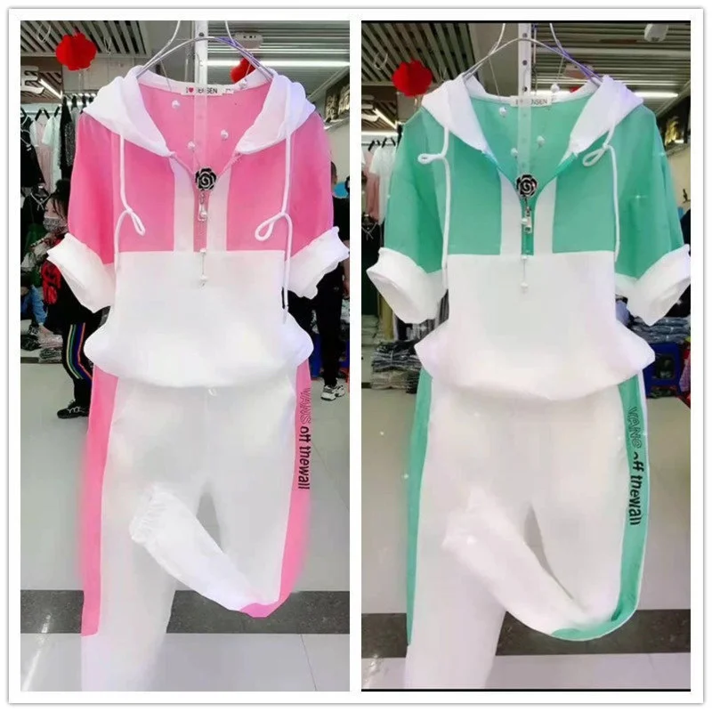 

2 set two piece women 2021 summer new fashion slim short sleeve hooded sweater leisure sweat suit plus size clothes for woman