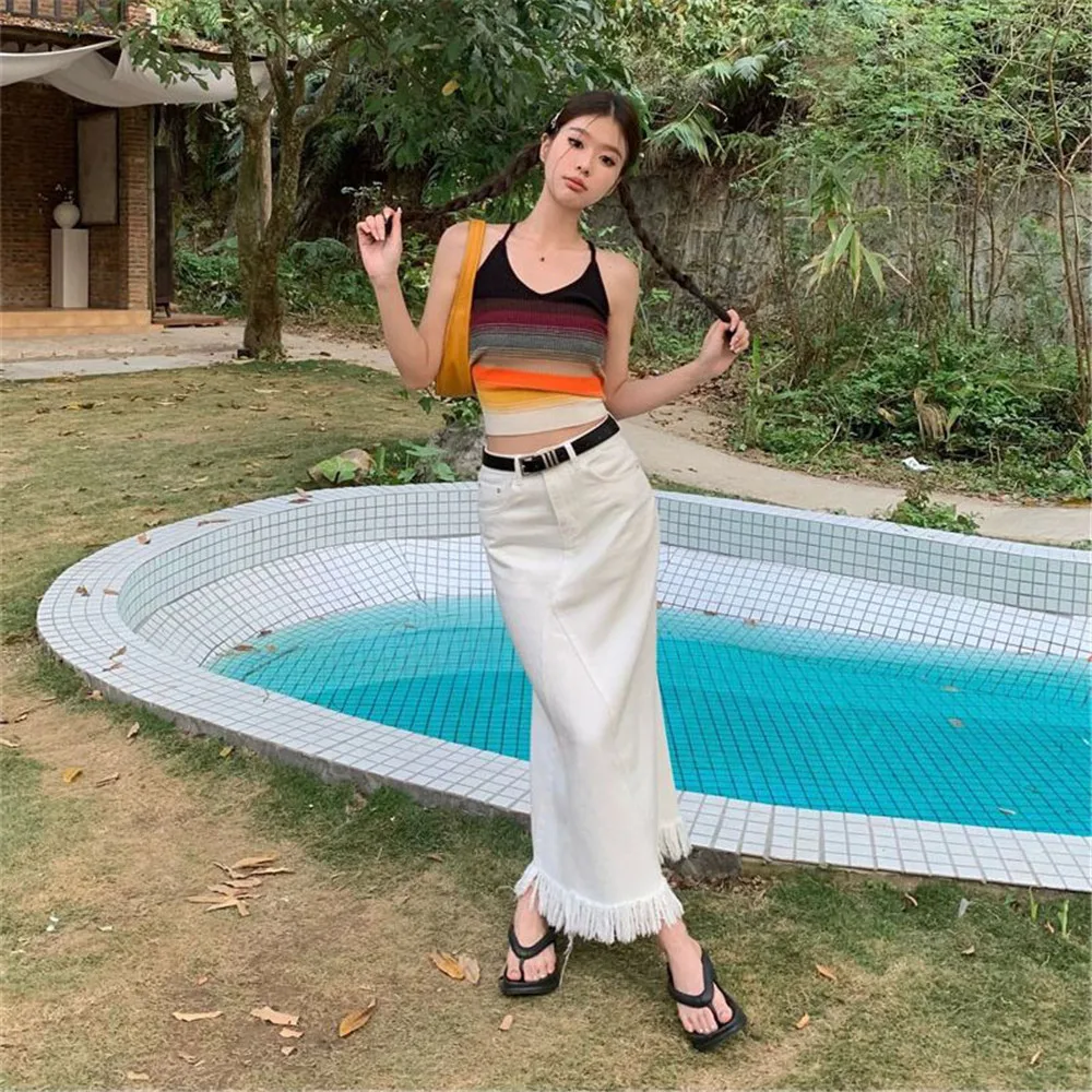 Женская джинсовая юбка с высокой талией белая облегающая длинная составного