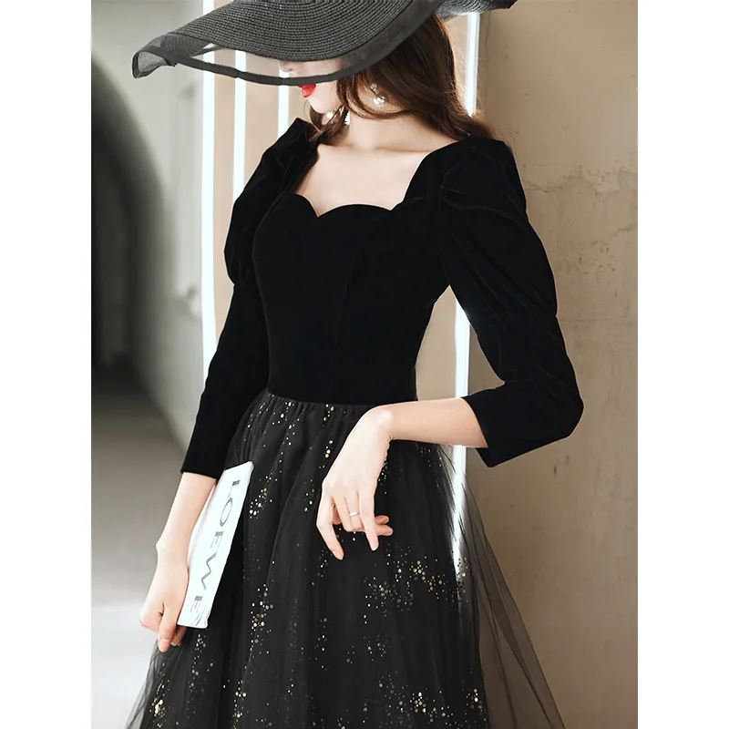 Black banquet evening dress spring long sleeve dress long square neck temperament mesh French annual meeting evening dress