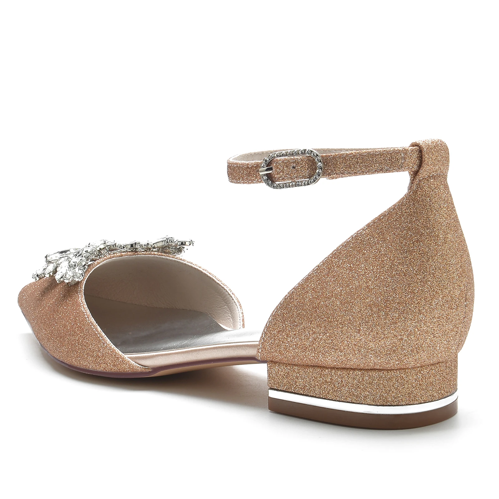 Women Dress Shoes Classic Pointed Toe Wedding Flat Sandals Sparkly Rhinestones Ankle Strap Low Heel