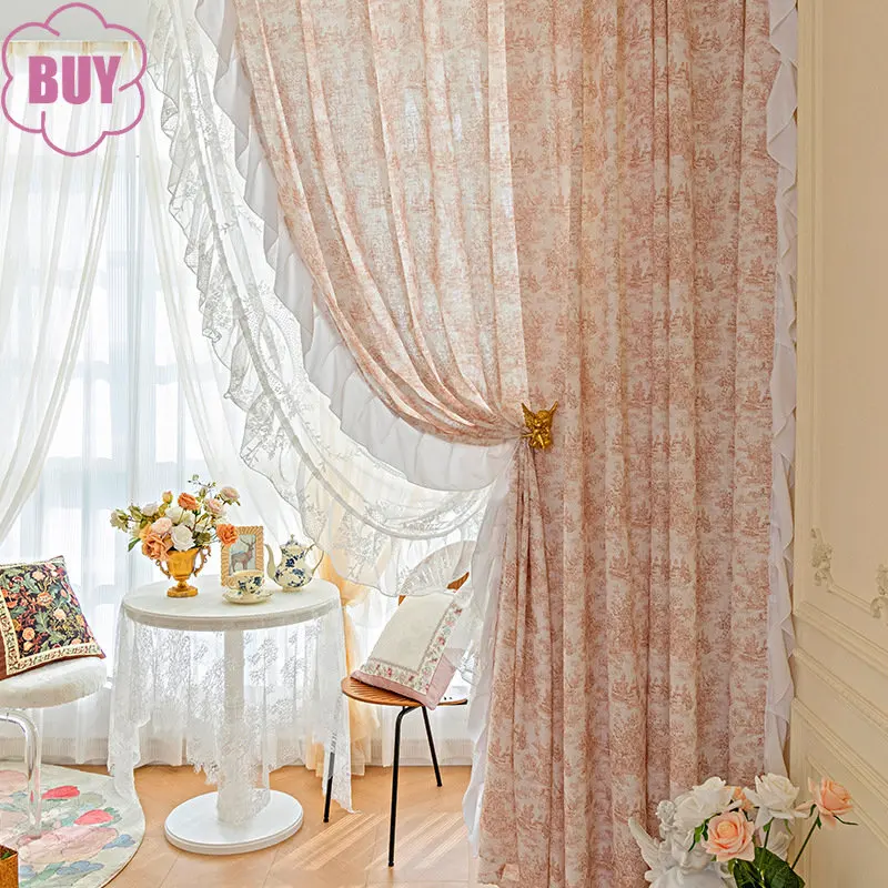 

French Manor Curtains For Living Dining Room Bedroom Cotton Linen Semi-shading Curtains Girl Pink Light Luxury Rococo Lace Tulle