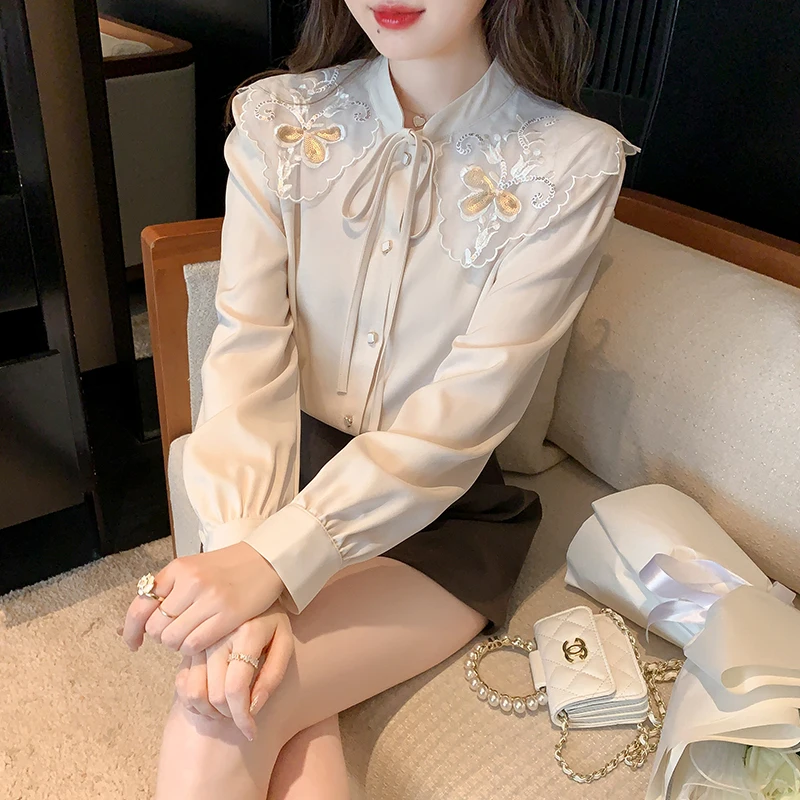 

blouses 2022 spring new French embroidery doll collar bow shirt chiffon blouse top mujer fiesta Tops Korea kleding vrouwen