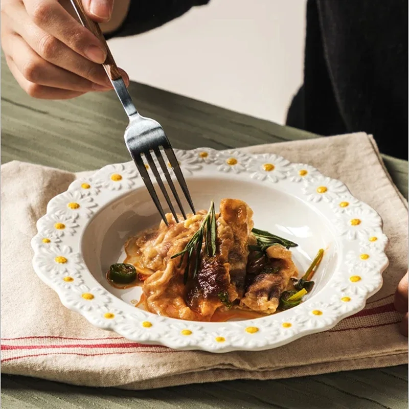 1 шт. керамическая тарелка с тиснением Маленькая ромашка обеденная домашняя