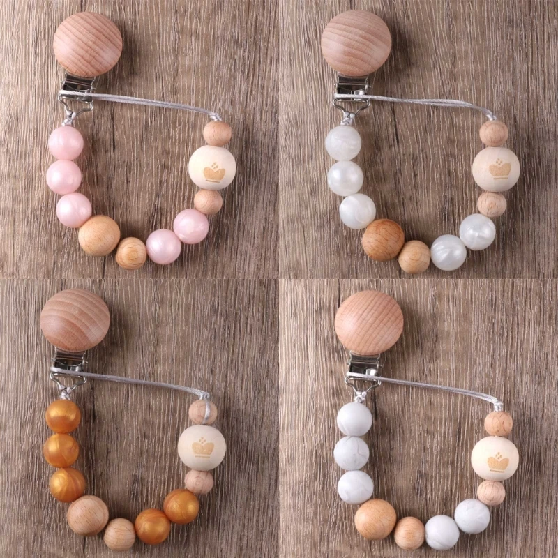 

Baby Pacifier Clips Newborn Silicone Teething Beads Holder for Boy Girls Nipple Clip Chain Wooden Pendent Teething Toy