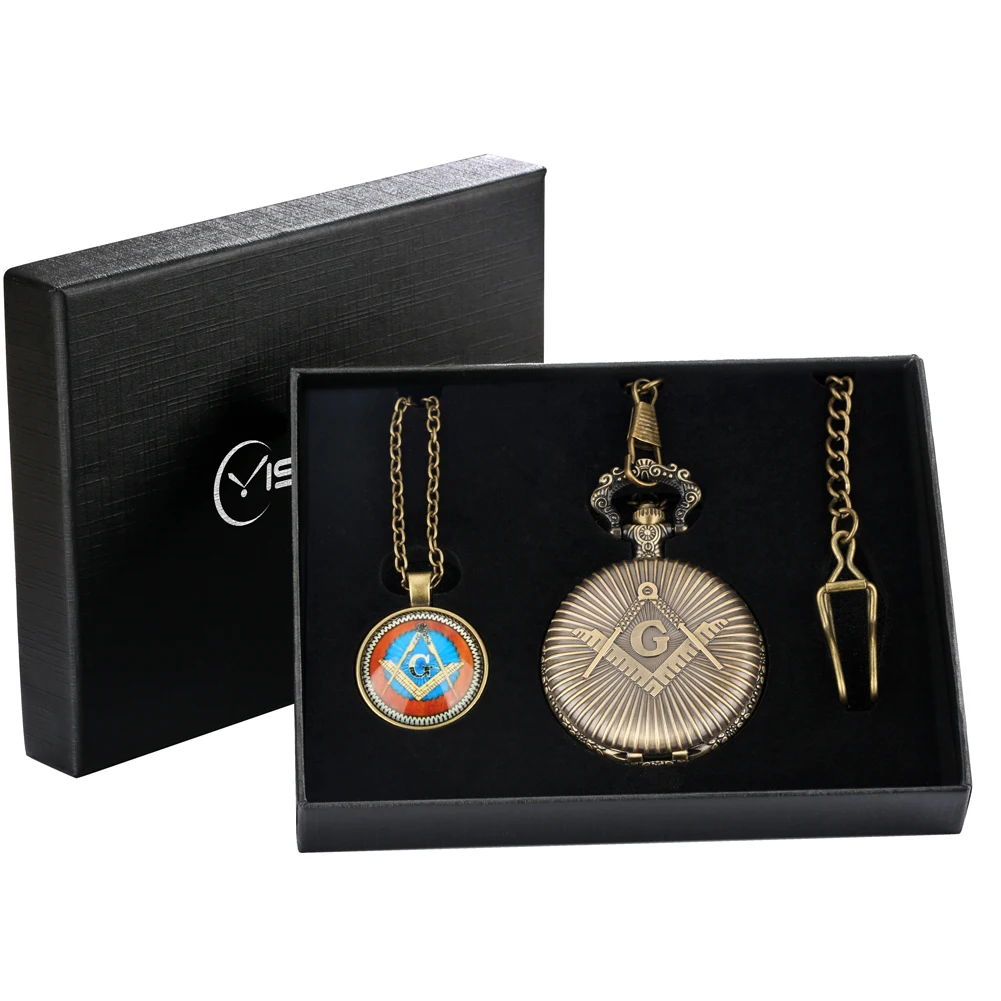 Quartz Pocket Watch Pendant Vintage Freemason Pocket Watch Necklace Analog Fob Clock Gift Box Sets for Men Rreloj De Bolsillo