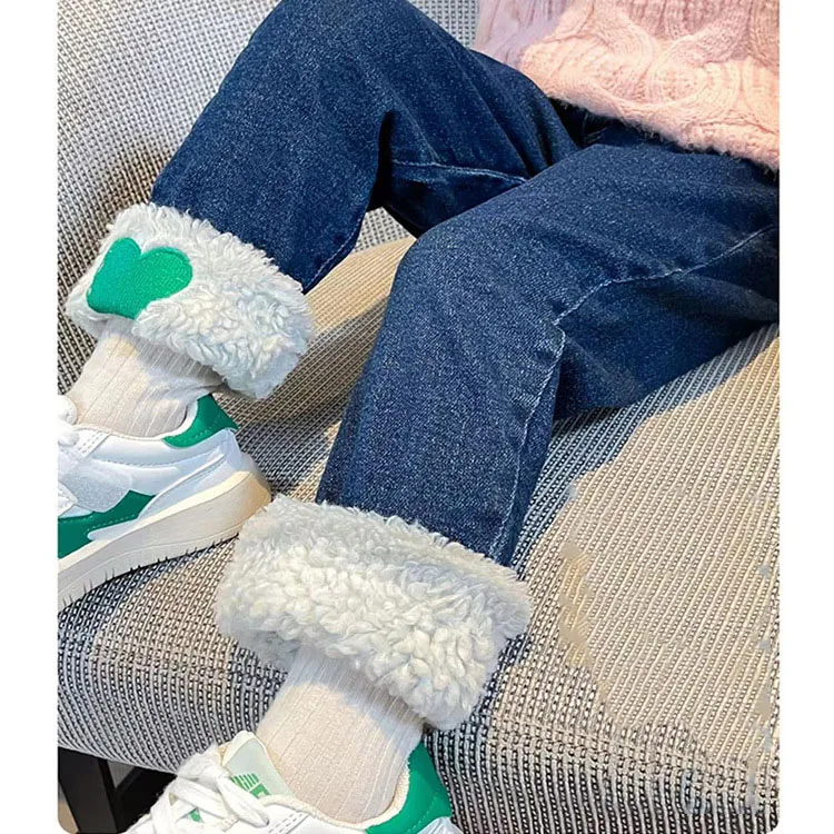 

2023 Autumn Winter Children Boys Jeans Cotton Denim Thick Fleece Pants Embroidery Love Stretch Warm Toddler Boys Jeans