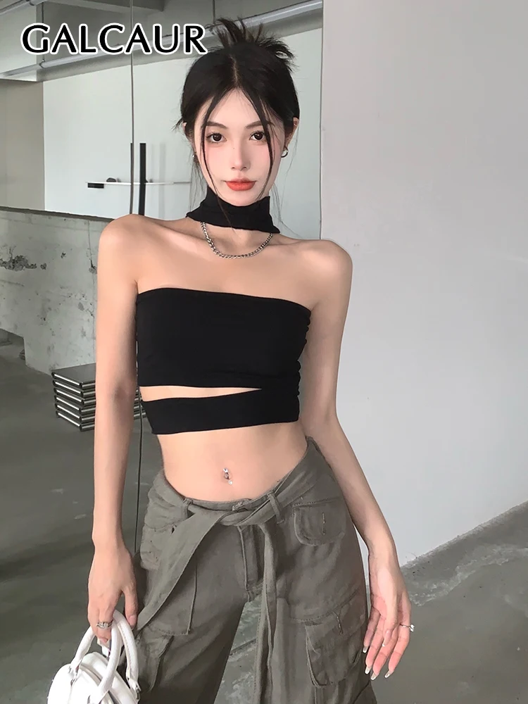 

GALCAUR Camis Short Tank Tops Female Halter Sleeveless Backless Solid Pullover For Women Fashion Sexy Clothing Summer Style 2023