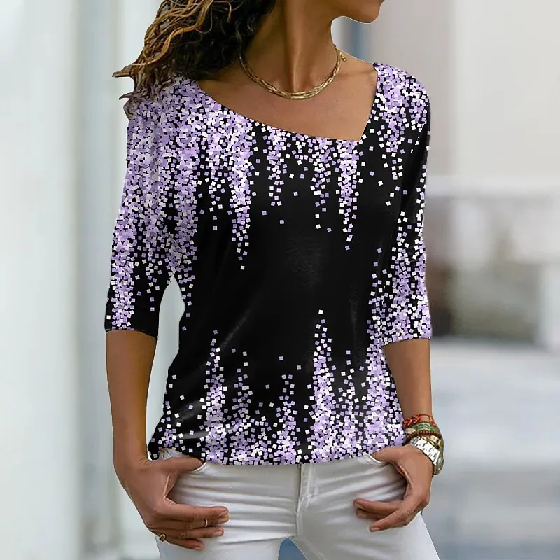 Женская футболка с рисунком базовые Топы блестящим и V-образным вырезом синие