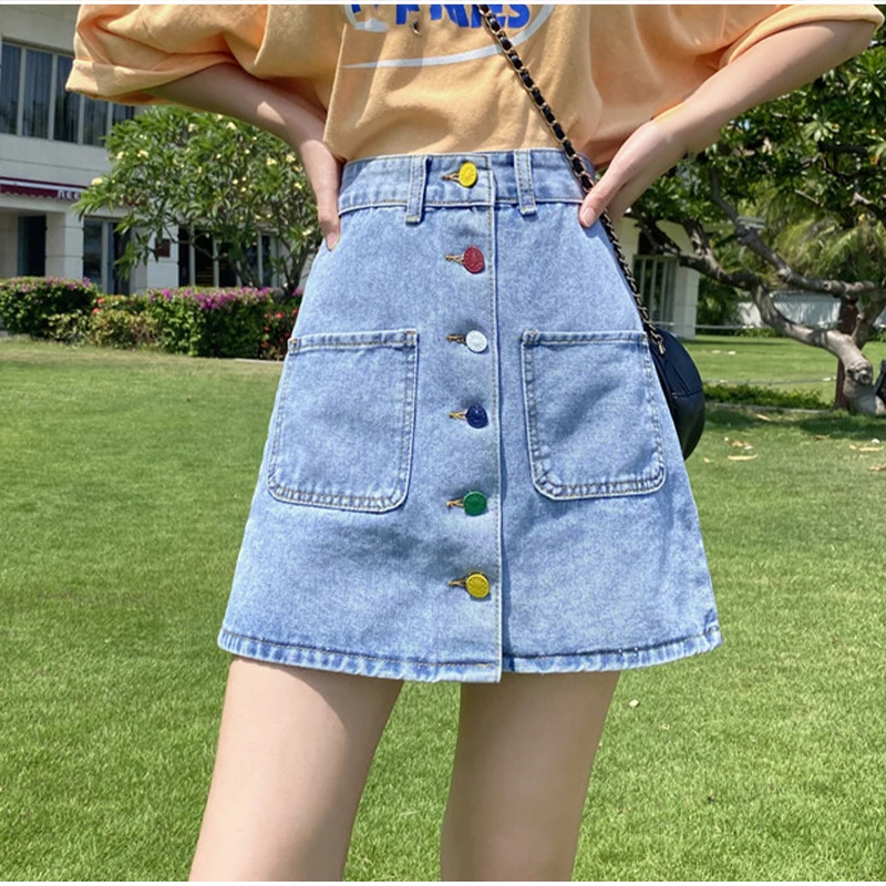 

Korean Single Breasted A-line Mini Jeans Skirts Women Y2k High Waist Big Pockets Bodycon Preppy Style Denim Skirt Streetwear