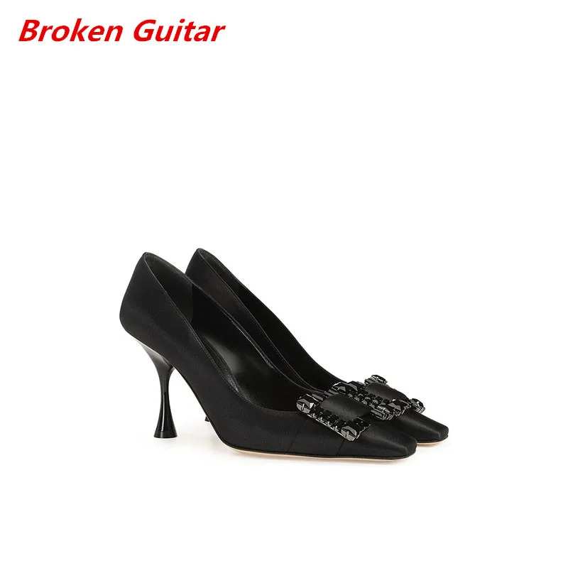

Autumn and winter square head thin heel high-heeled shoes, silk square buckle shallow mouth women's single leather shoes