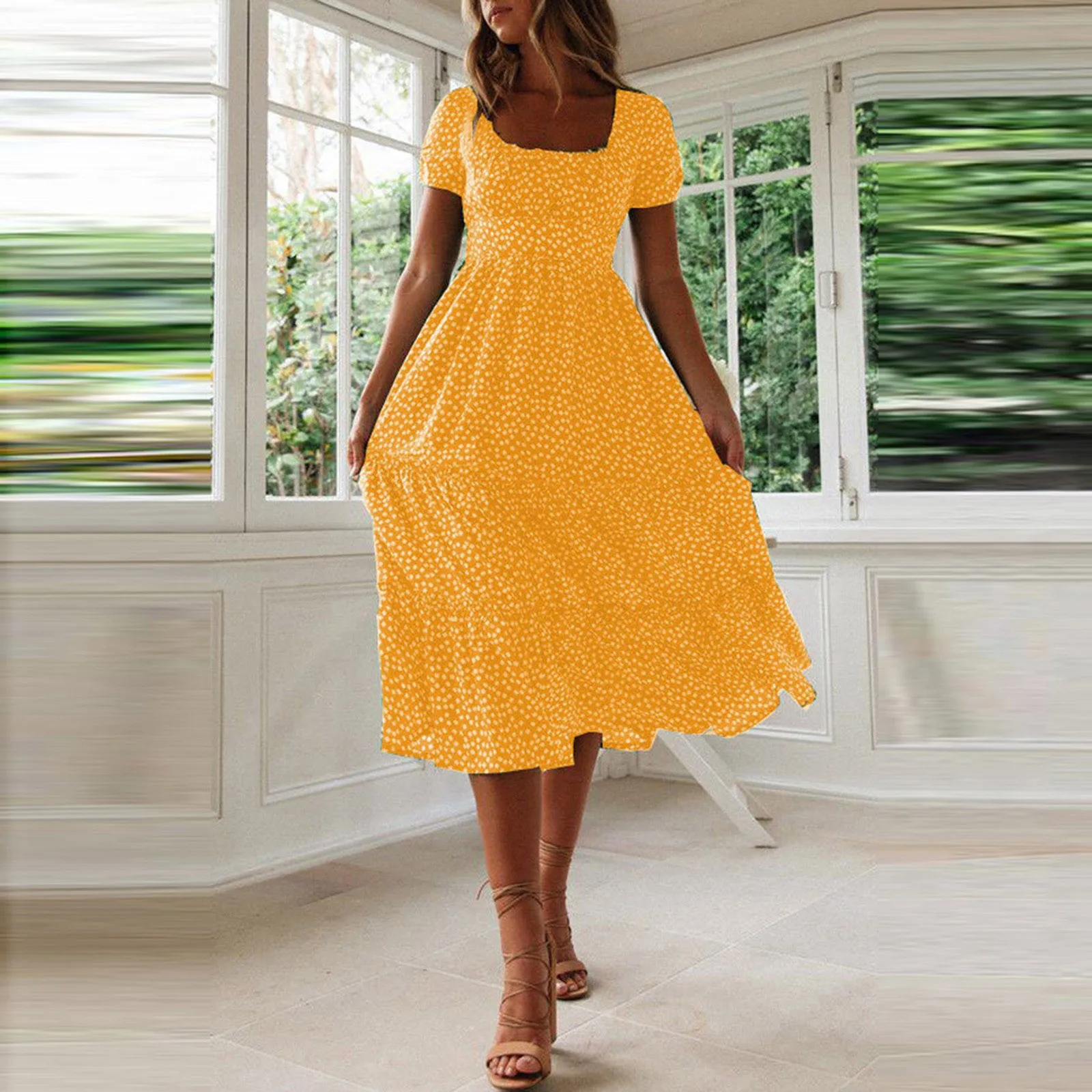 Женское Повседневное платье с цветочным принтом желтое пляжное миди квадратным