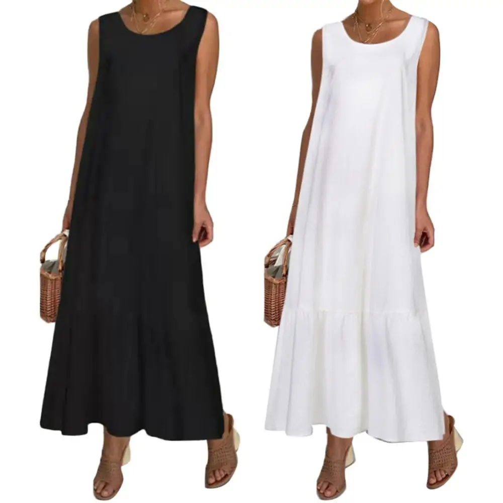 

Plus size dress Vintage Women Solid Color Sleeveless O Neck Pleated Large Hem Loose Tank Dress women Large Hem Loose Tank Dress