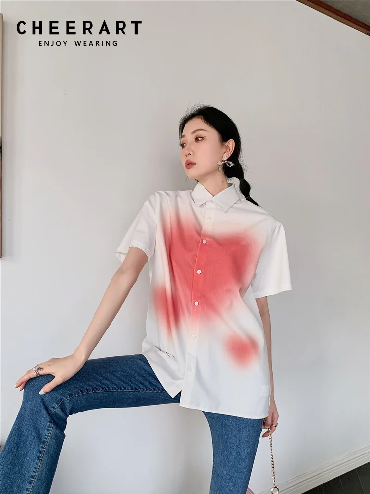 

CHEERART Tie Dye Heart White Button Up Shirt For Women 2022 Summer Short Sleeve Collared Shirt Fashion Designer Top Clothing