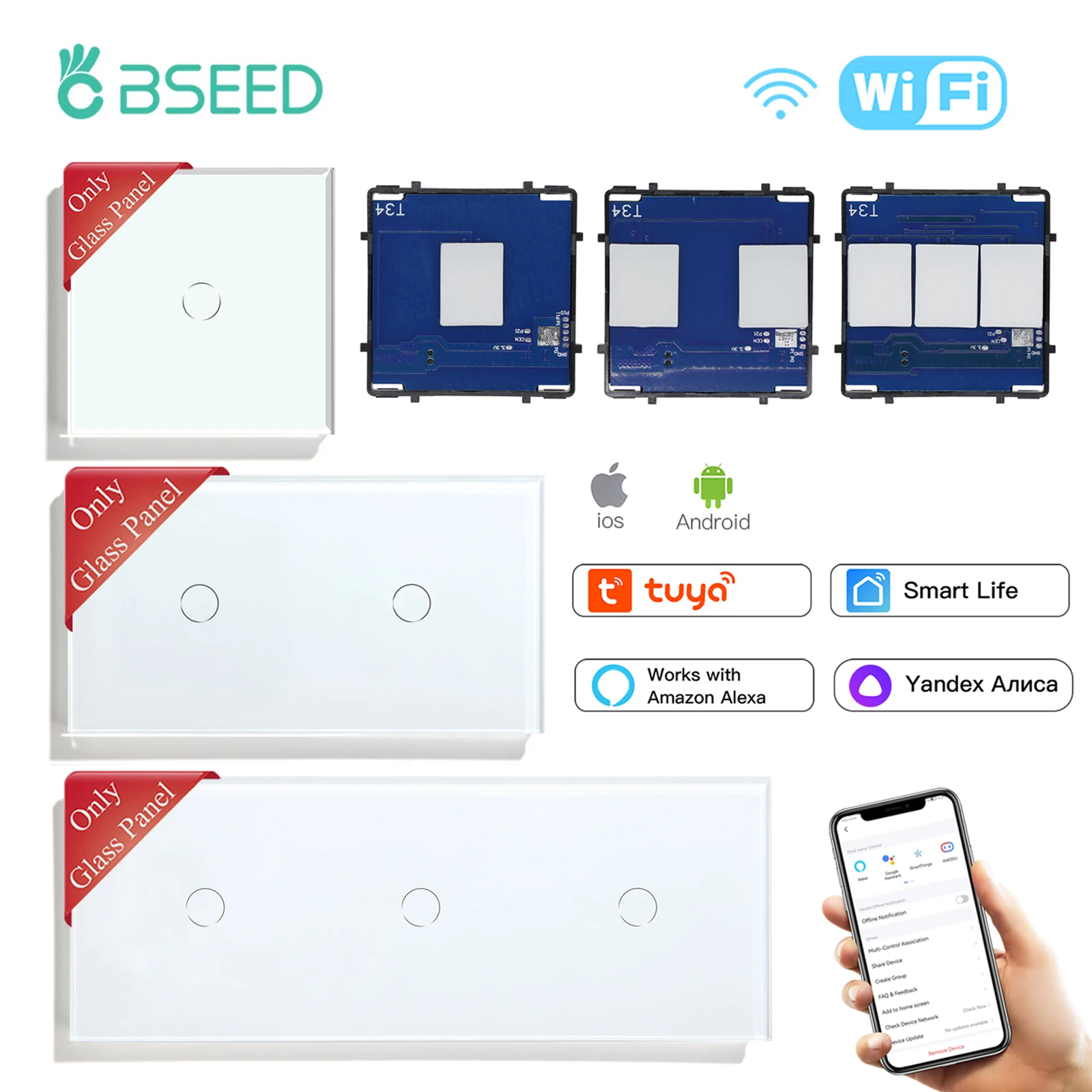 Умный сенсорный выключатель BSEED, переключатель с 1/2/3 клавишами, Wi-Fi, с металлической пластиной Умный сенсорный выключатель BSEED, переключатель с 1/2/3 клавишами, Wi-Fi, с металлической пластиной