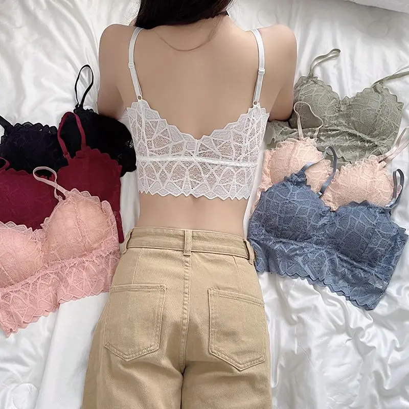 New Women Lace Bras Top Comfortable Bralette Solid Color Sexy Underwear Vest Female Hollow Out Wireless Lingerie Seamless Bra