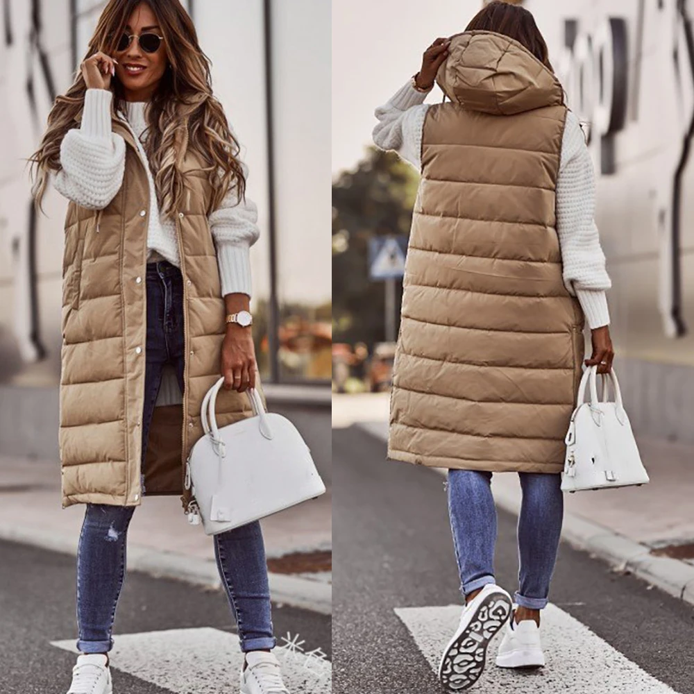 Helisopus Women's Solid Color Hooded Single Breasted Medium Length Cotton Jacket Winter Warm Vest Slim Cardigan Coat Jacket