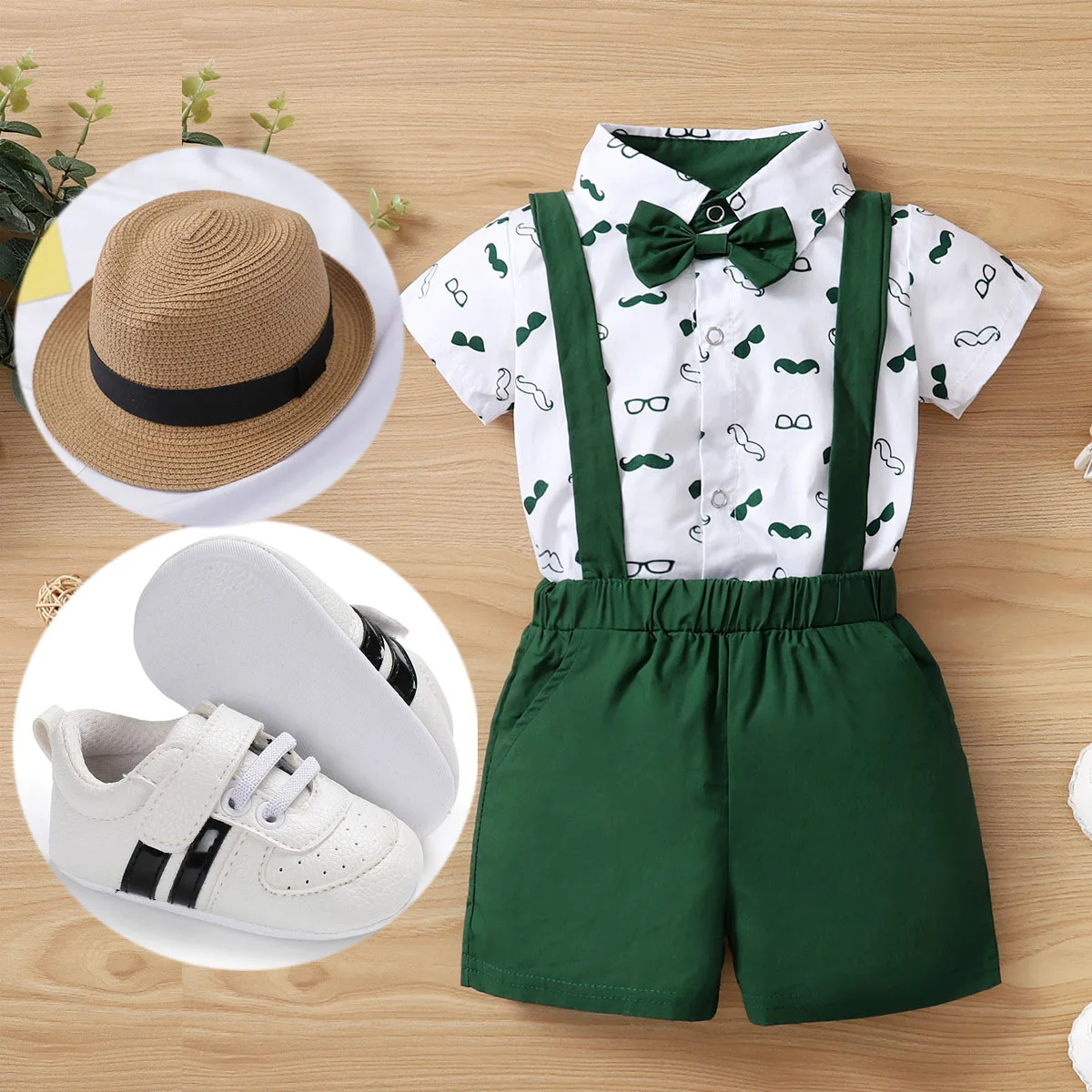 Baby Boy Clothes My First Birthday Outfit Gentleman Wedding Bow Tie Suit Bodysuits Cartoon  Romper with Suspender Shorts