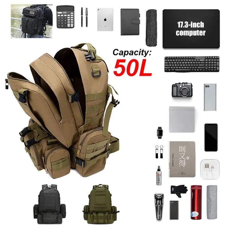 

50L 4 in 1Molle Sport Tactical Bag Men's Tactical Backpack,Military Backpack Outdoor Hiking Climbing Army Backpack Camping Bags