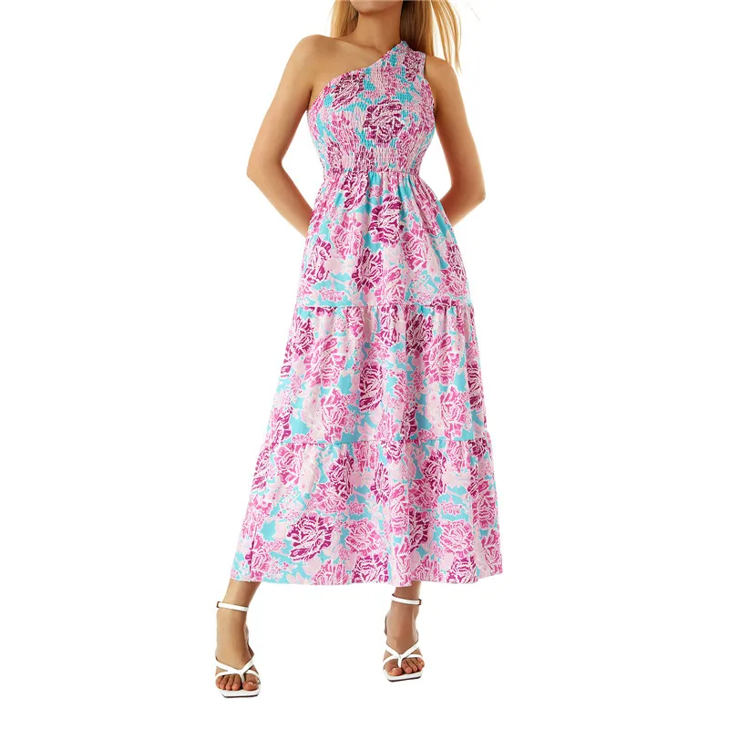 

Summer Casual Beach Maxi Dress Women Solid/Plaid/Stripes/Floral Printed Diagonal Collar Sleeveless Pleated Chest Sundress Women