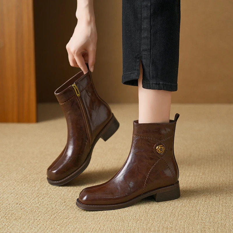 : женские винтажные ботильоны из телячьей кожи с фурнитурой Gold Rose боковой молнией