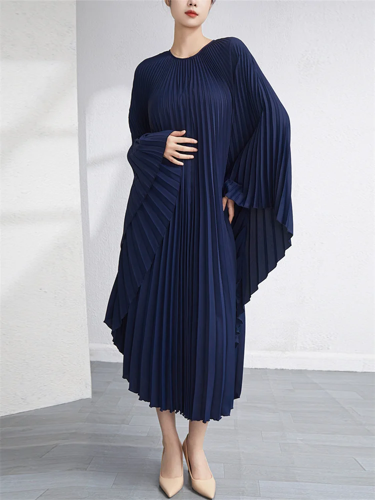 YUDX Miyake Pleats Elegant Party Dresses for Women 2023 Fashion Round Neck Flying Sleeve Loose Plus Size Irregular Dress